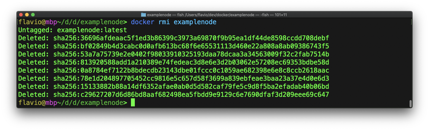 Terminal output showing docker rmi examplenode command with multiple deletion confirmation messages for image layers