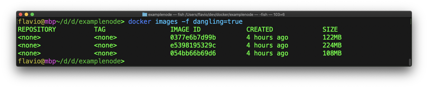 Terminal output showing docker images -f dangling=true command listing three untagged Docker images with their IDs and sizes