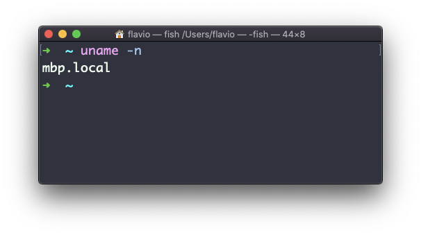 Terminal showing uname -n command output displaying mbp.local as the network node name