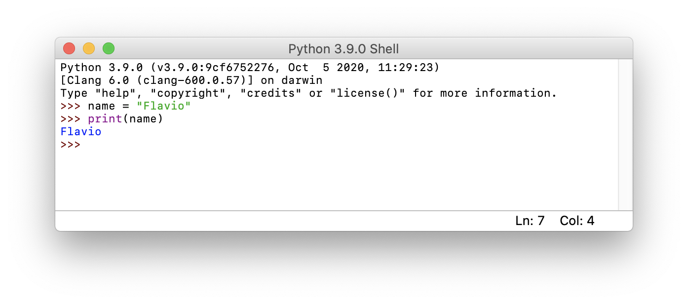 IDLE Python shell window with same variable assignment and print execution as terminal