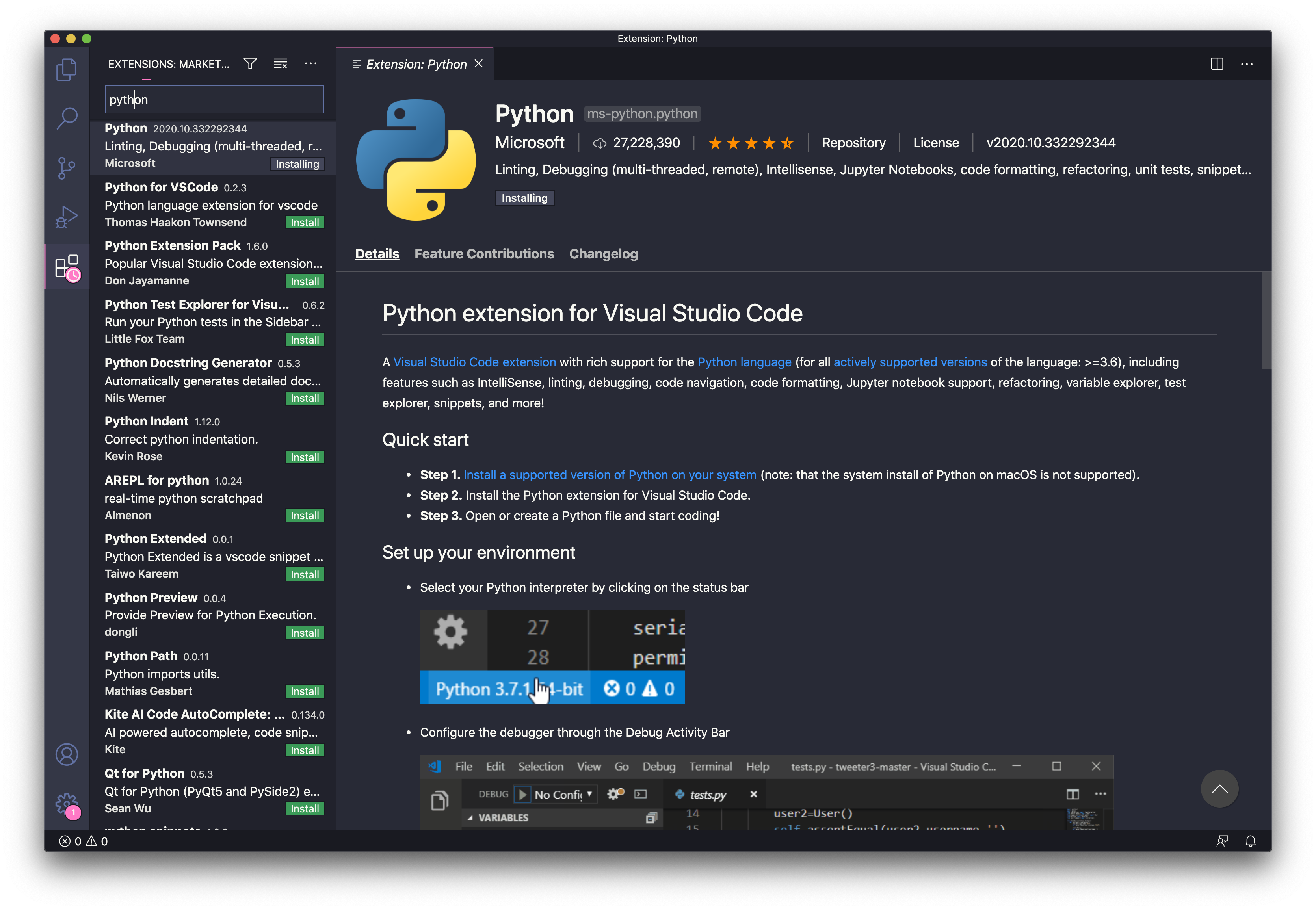 VS Code Extensions marketplace showing Python extension by Microsoft with install options