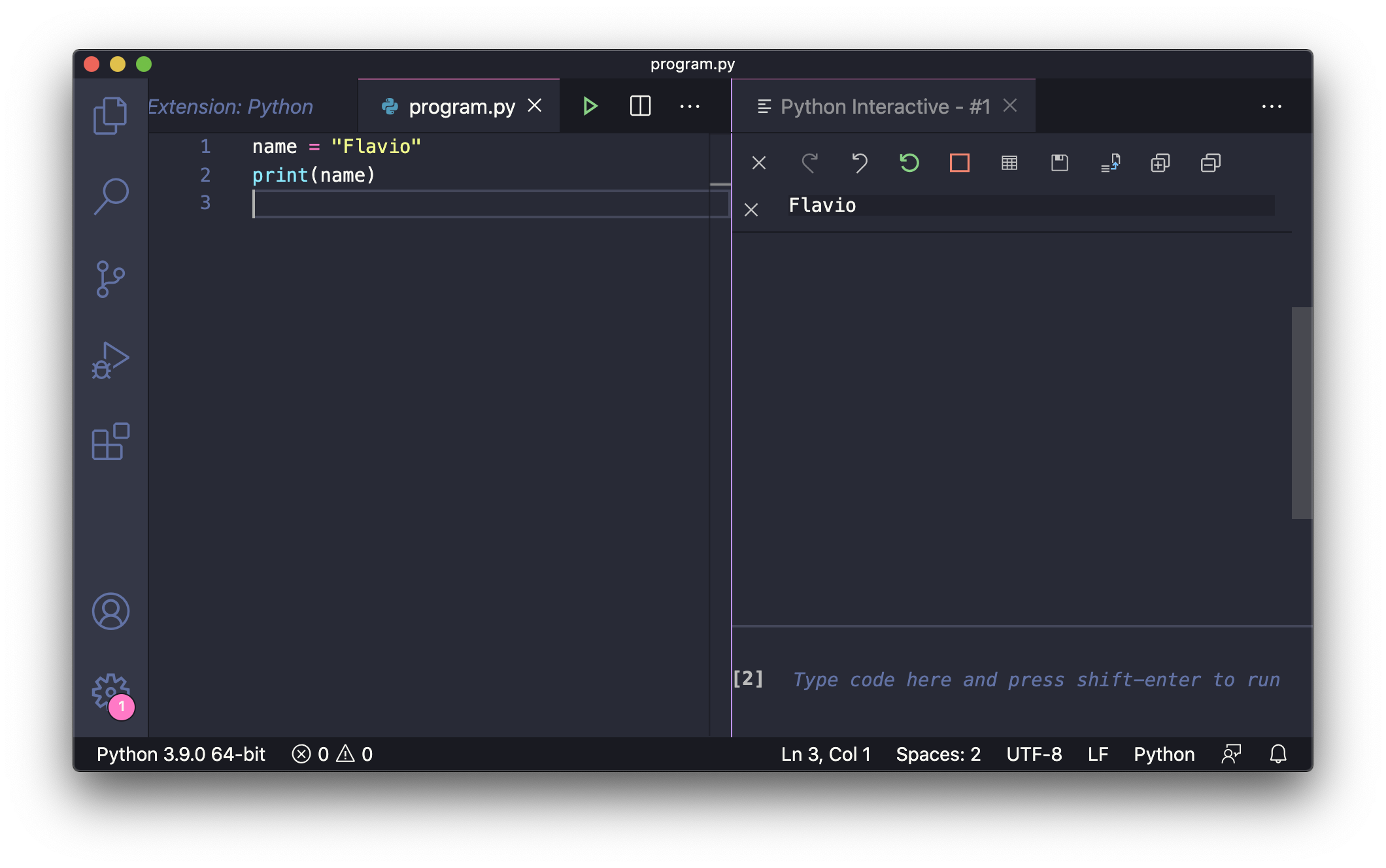 VS Code Python Interactive window showing split view with code editor and interactive output panel