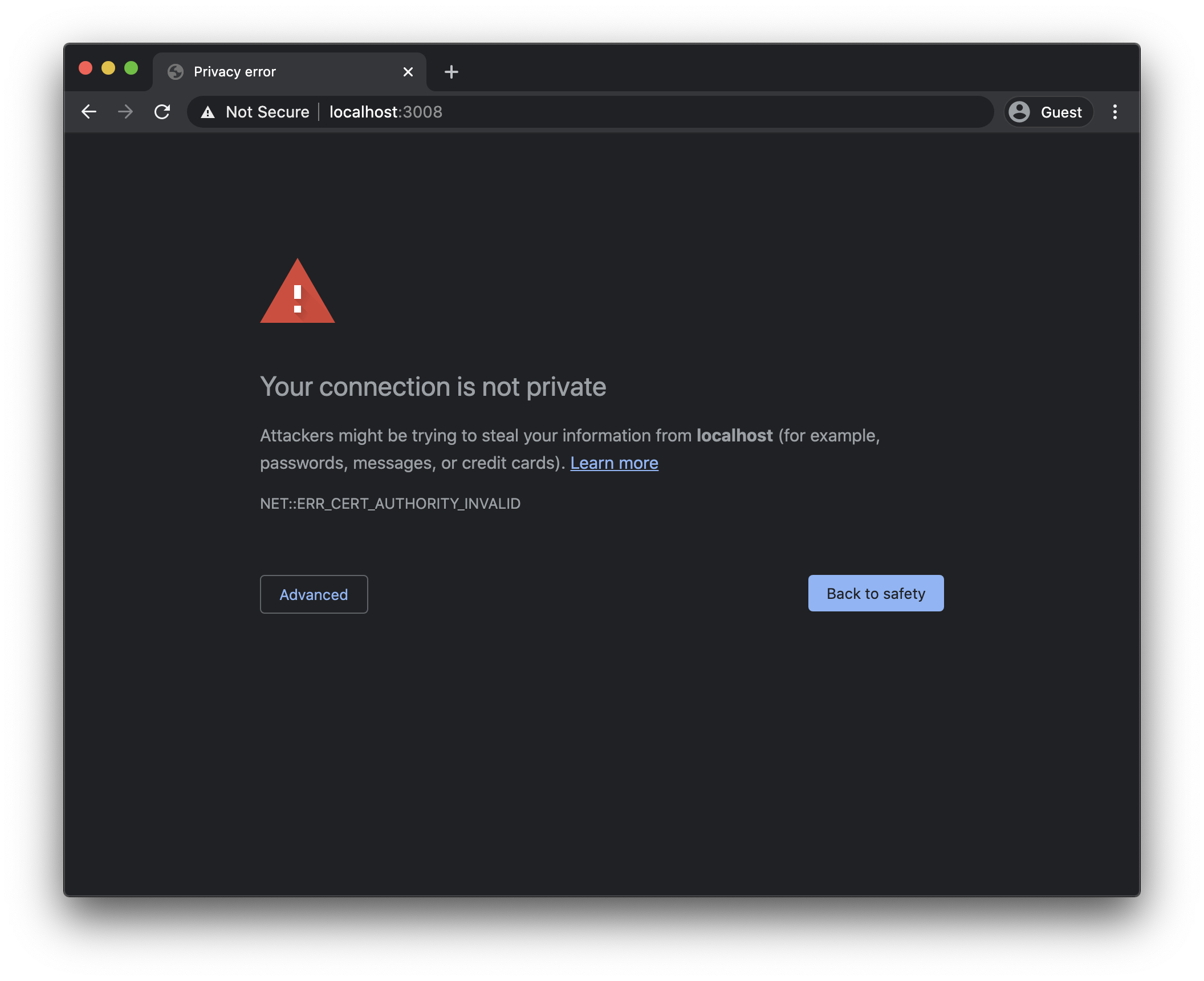 Browser warning showing Your connection is not private message for localhost:3008 with red warning triangle