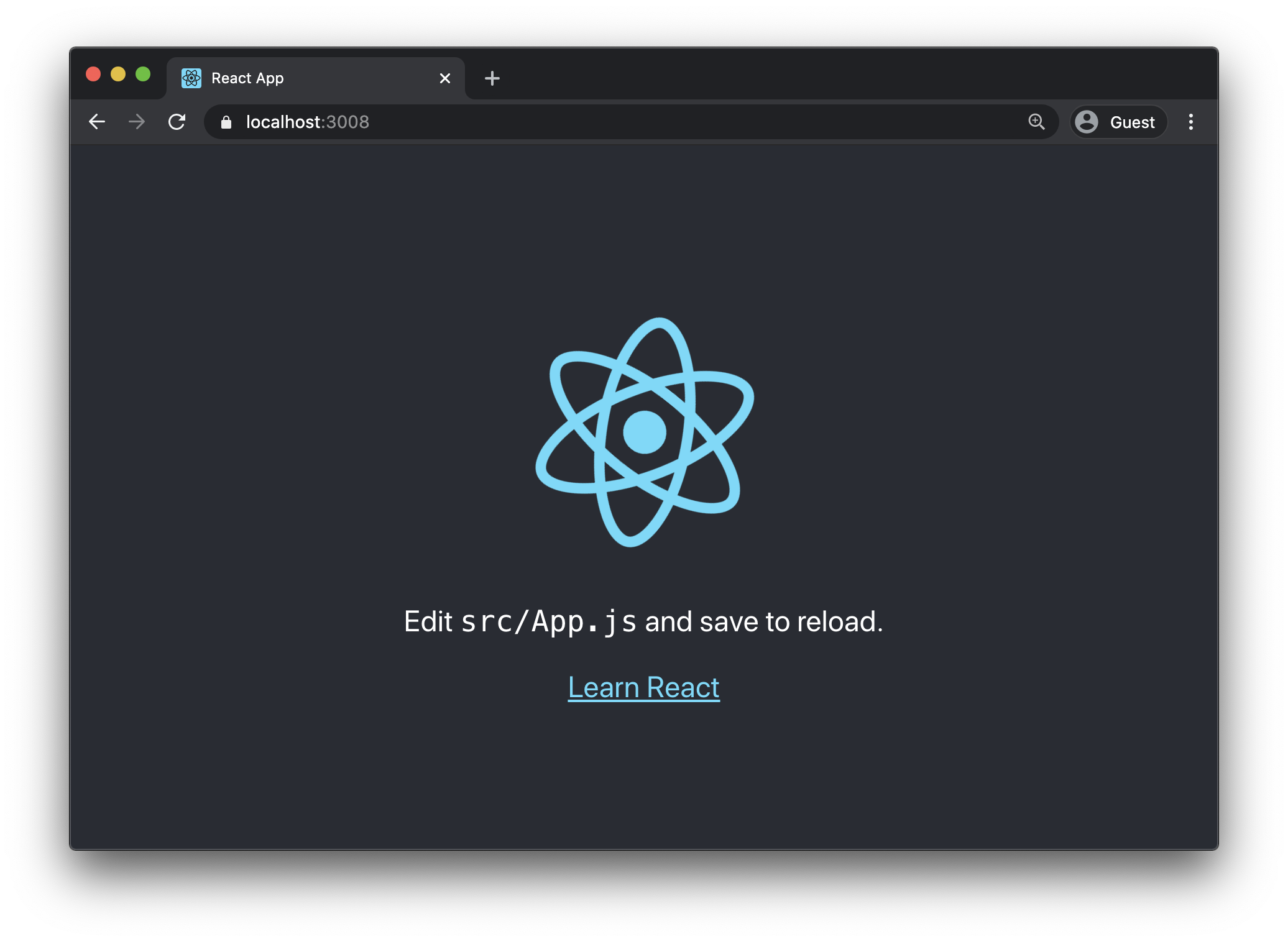 React app successfully running over HTTPS on localhost:3008 showing React logo and Edit src/App.js message