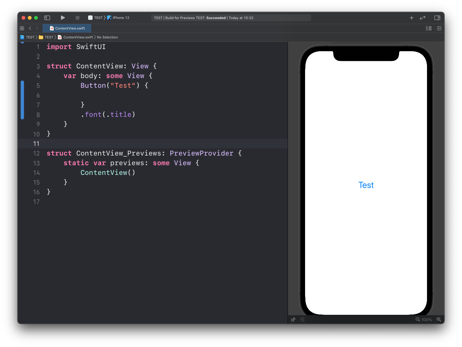 Xcode showing SwiftUI Button code and iPhone simulator displaying a blue Test button