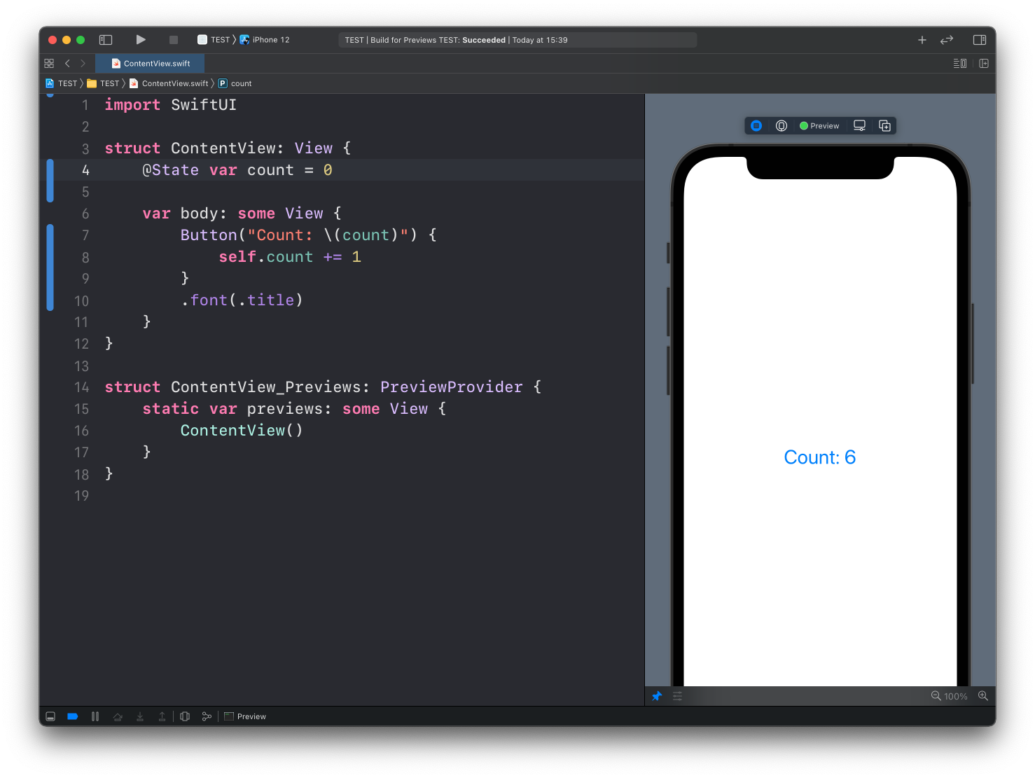 Xcode showing SwiftUI @State count code and iPhone simulator displaying Count: 6 button